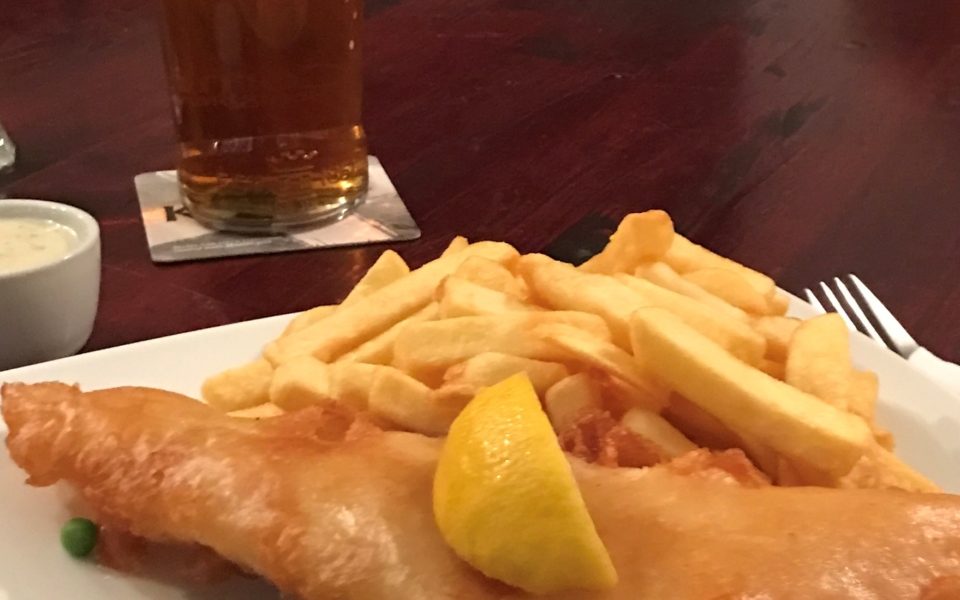 Fish and chips served in the Wreckers Retreat Bar at Hartland Quay Hotel
