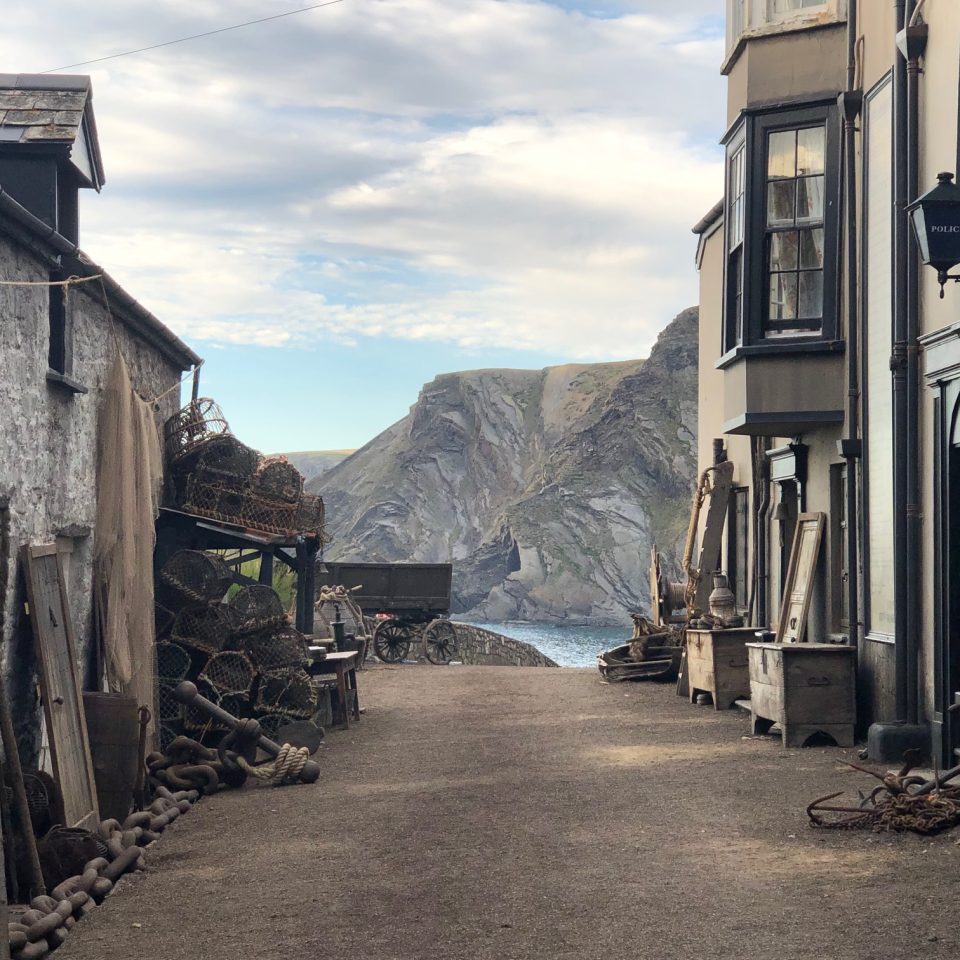 The street of Hartland Quay set dressed for the filming of Rebecca in 2019