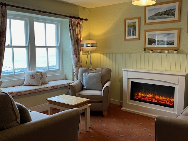 Sofas and electric fire in the lounge at Hartland Quay
