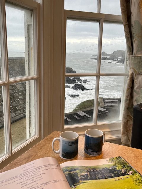 A photo looking through the window of a Sea View bedroom at Hartland Quay with some coffee mugs on a table in the foreground
